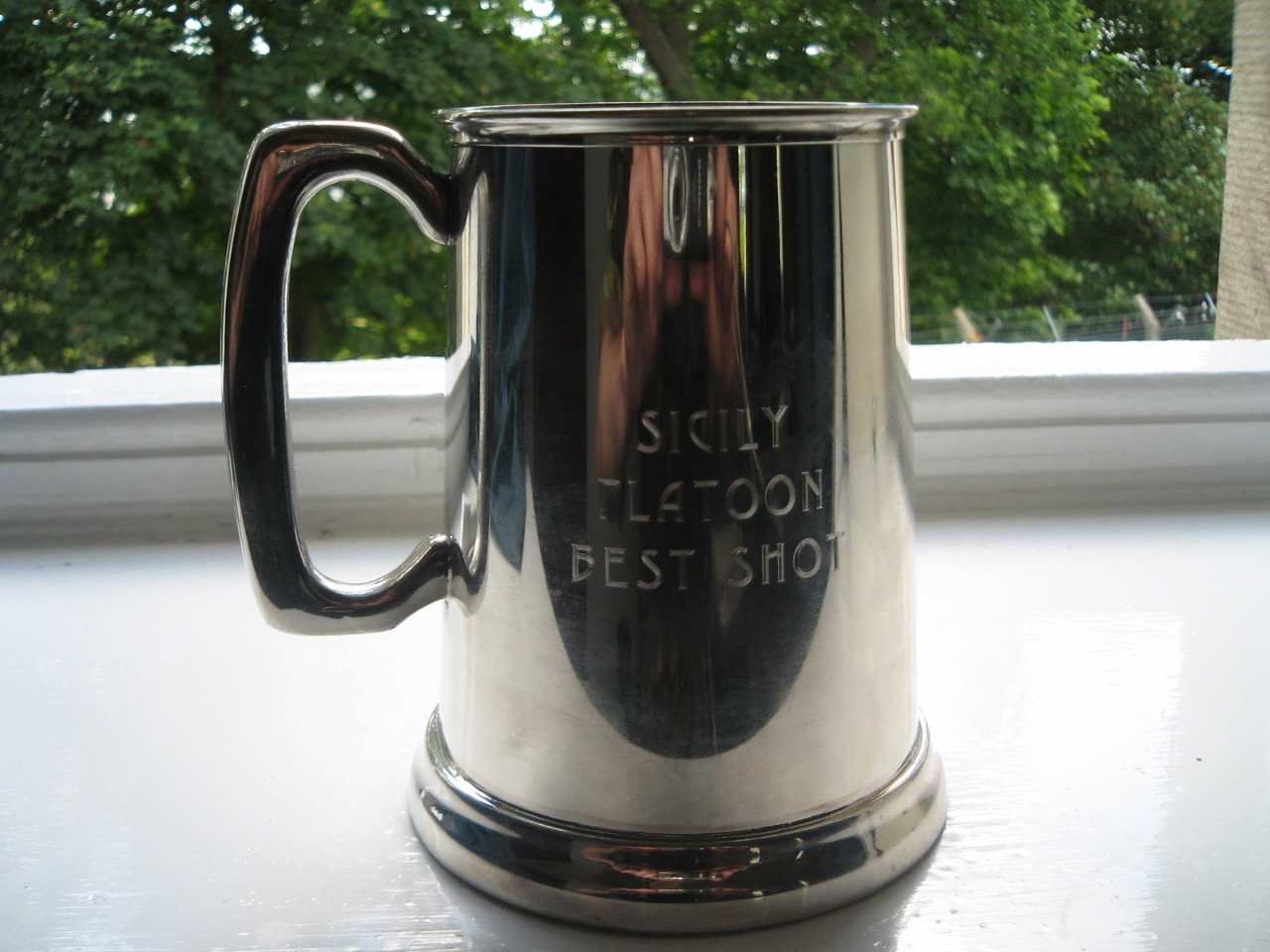 Silver tankard as a shooting award that has "Sicily Platoon Best Shot" engraved on it